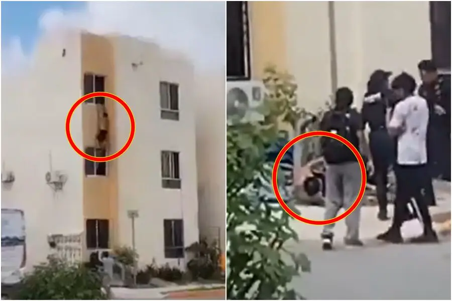 墨西哥坎昆傳出驚人畫面，一名男子疑似與人妻幽會，遭女方丈夫返家撞見，情急之下半裸爬出三樓窗戶懸掛外牆，最後體力不支墜落地面，影片在網路快速流傳，男子送醫救治。（來源：X）