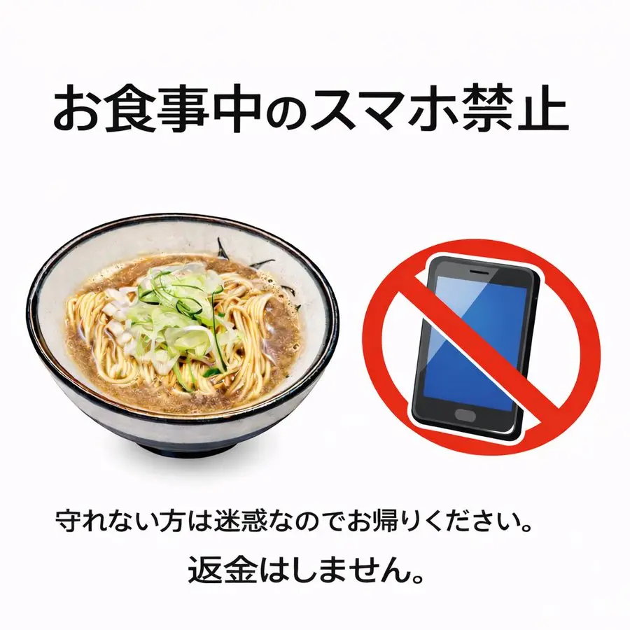 日本埼玉縣「煮幹亂舞」拉面店公告用餐禁手機，違者不退錢，引發兩派論戰。店方因細面易軟、顧客手機放調味料衛生問題立規，支持者贊同體諒，反對者質疑強硬。（來源：niboshiranbu@X）