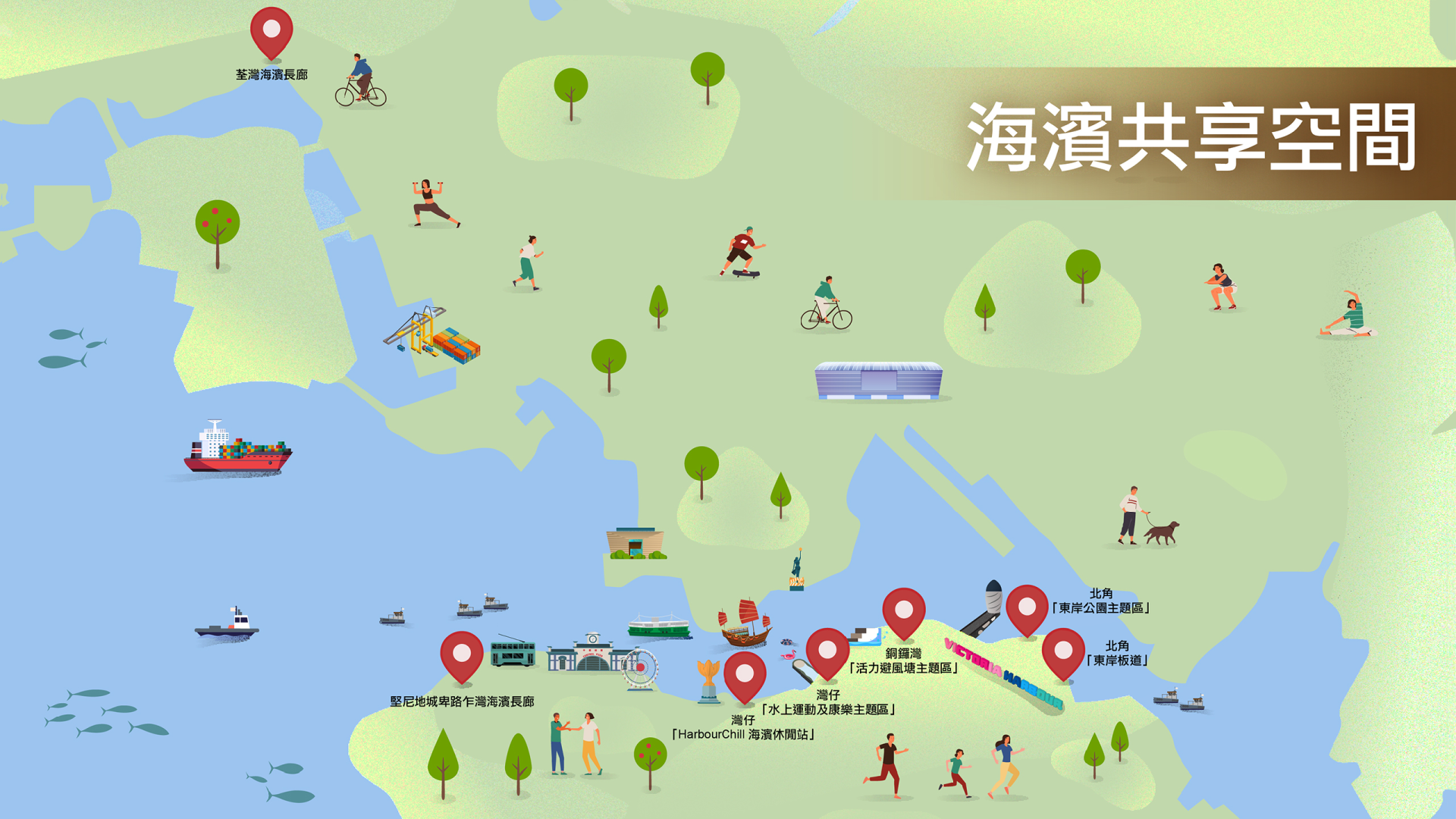 香港現有的海濱共享空間位置。(海濱事務委員會)