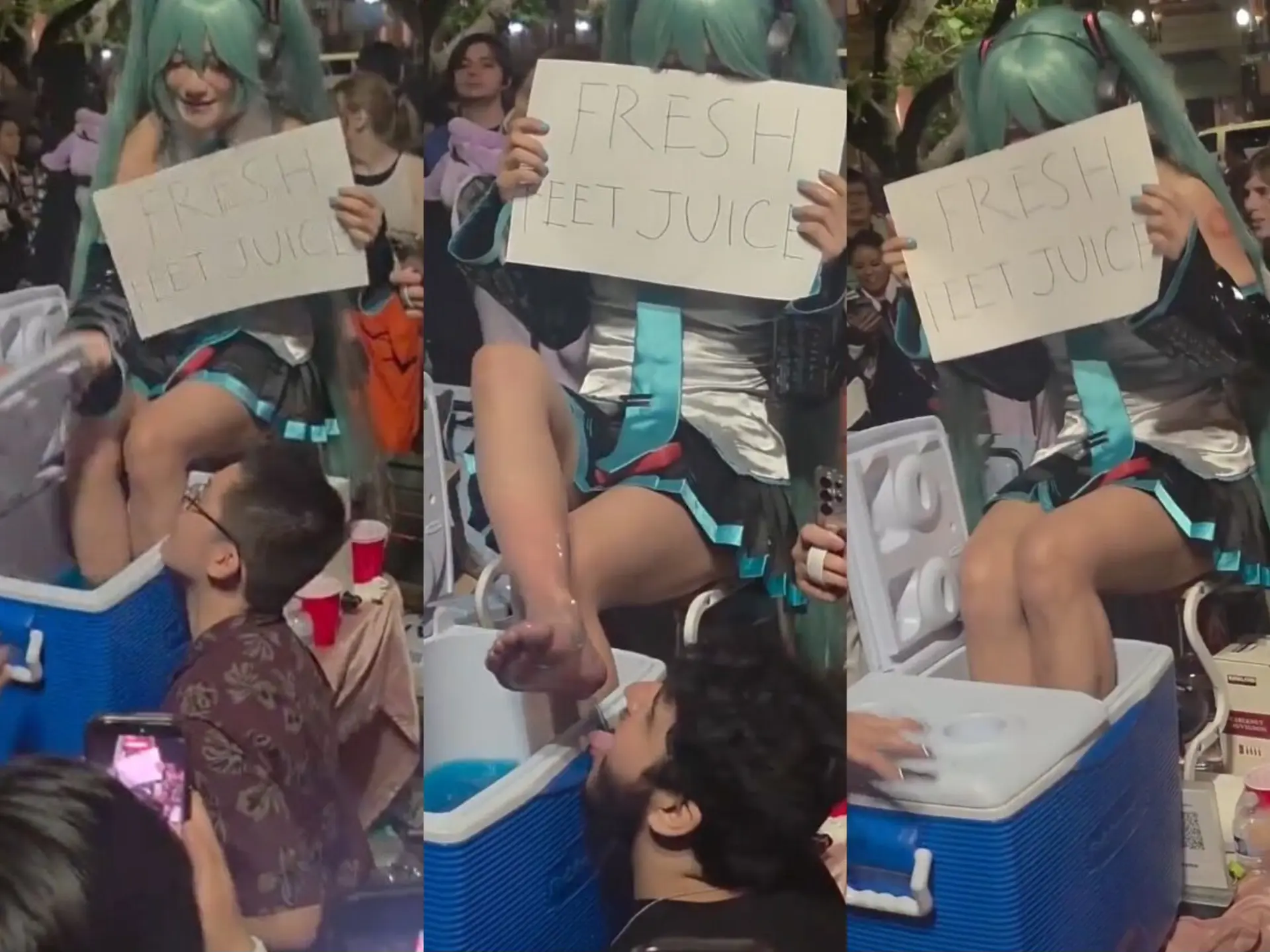 美國加州聖荷西FanimeCon 2026場外ParkCon聚會爆發爭議，兩名正妹Coser販售腳泡特調「新鮮腳汁」，多項特殊服務公開標價、火速售罄，引發網友衛生與文化爭議。（來源：Oniyaki@X）