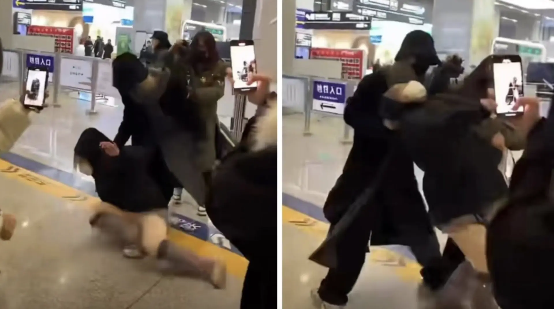 網傳影片顯示，當日戴著漁夫帽和口罩的靈超在高鐵站內，遭到兩名女性近距離懟臉拍攝，鏡頭幾乎貼近其面部。畫面中，靈超先是揮手嘗試拍開手機，但兩名女性並未停止拍攝行為。隨後靈超情緒失控，轉身抓住其中一名黑衣女子的衣服，與其發生拉扯並導致對方倒地，現場一度混亂。(圖：視頻截圖)