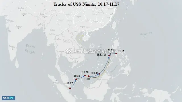 大陸半官方智庫「南海戰略態勢感知」（SCS Probing Initiative，SCSPI）在微博上發佈最新航跡圖，指美國海軍「尼米茲號」航空母艦17日穿越菲律賓民都洛海峽（Mindoro Strait）離開南海的同一天，「華盛頓號」打擊群經巴士海峽進入南海，形成經典「一進一出」態勢。圖／取自「南海戰略態勢感知」