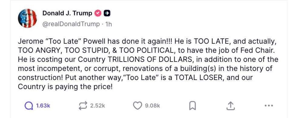 特朗普在 Fed 決議利率不變後，繼續痛批美聯儲主席鮑爾是個「徹底的失敗者」。（Truth Social）